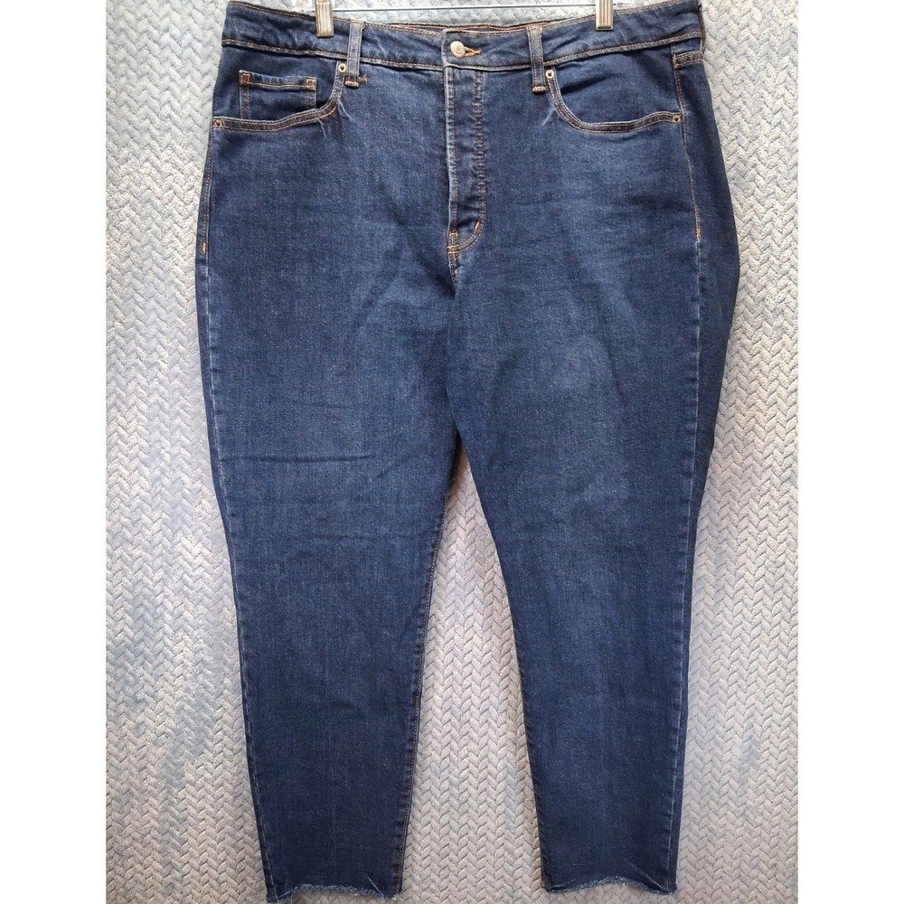 Old Navy OG Straight Jeans Womens 16 High Rise Raw Hem Dark Wash Blue Denim